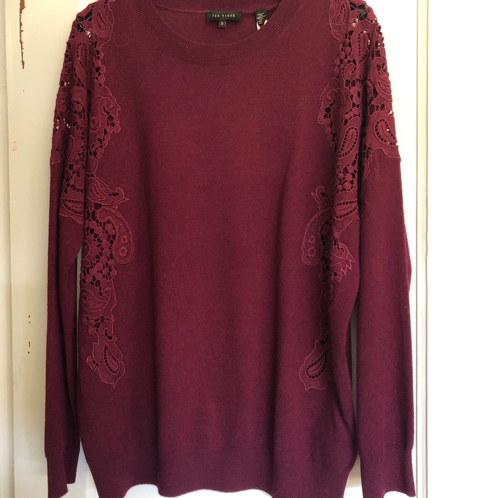 TED BAKER TAE LACE SHOULDER SWEATER, COLOR OXBLOOD